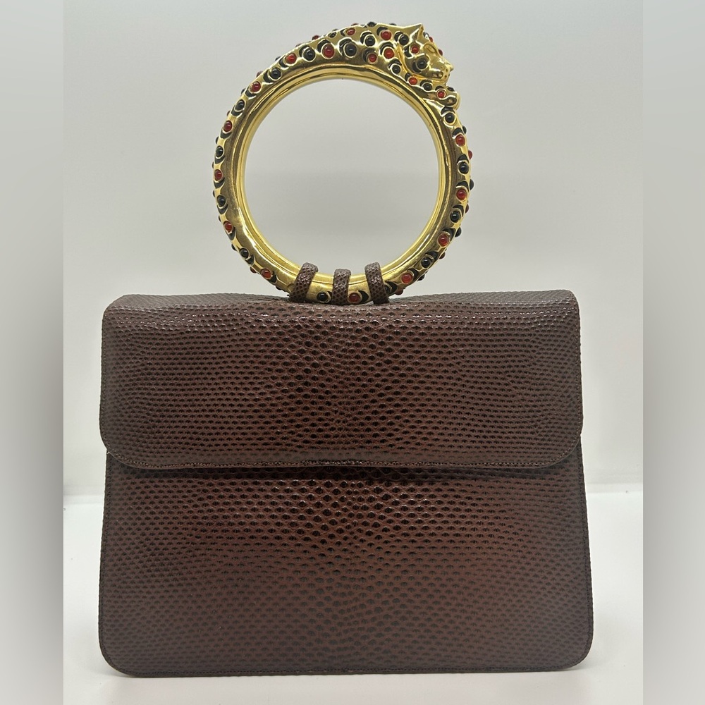 Judith Leiber Brown Lizard Gold Circle Handle Bag